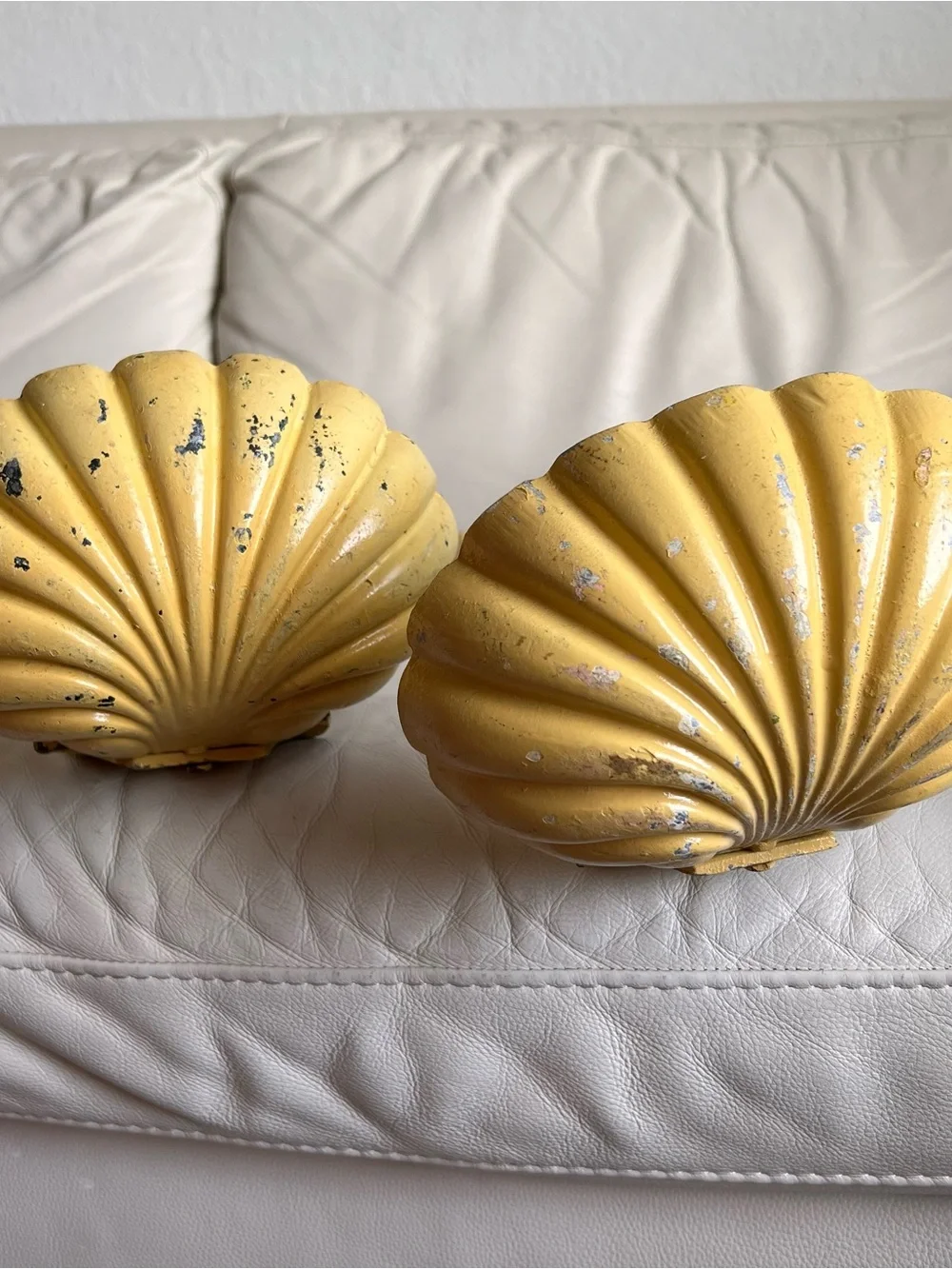 Vintage MCM Cast Metal Yellow Decorative Wall Sconces Large Ladle/ Shell